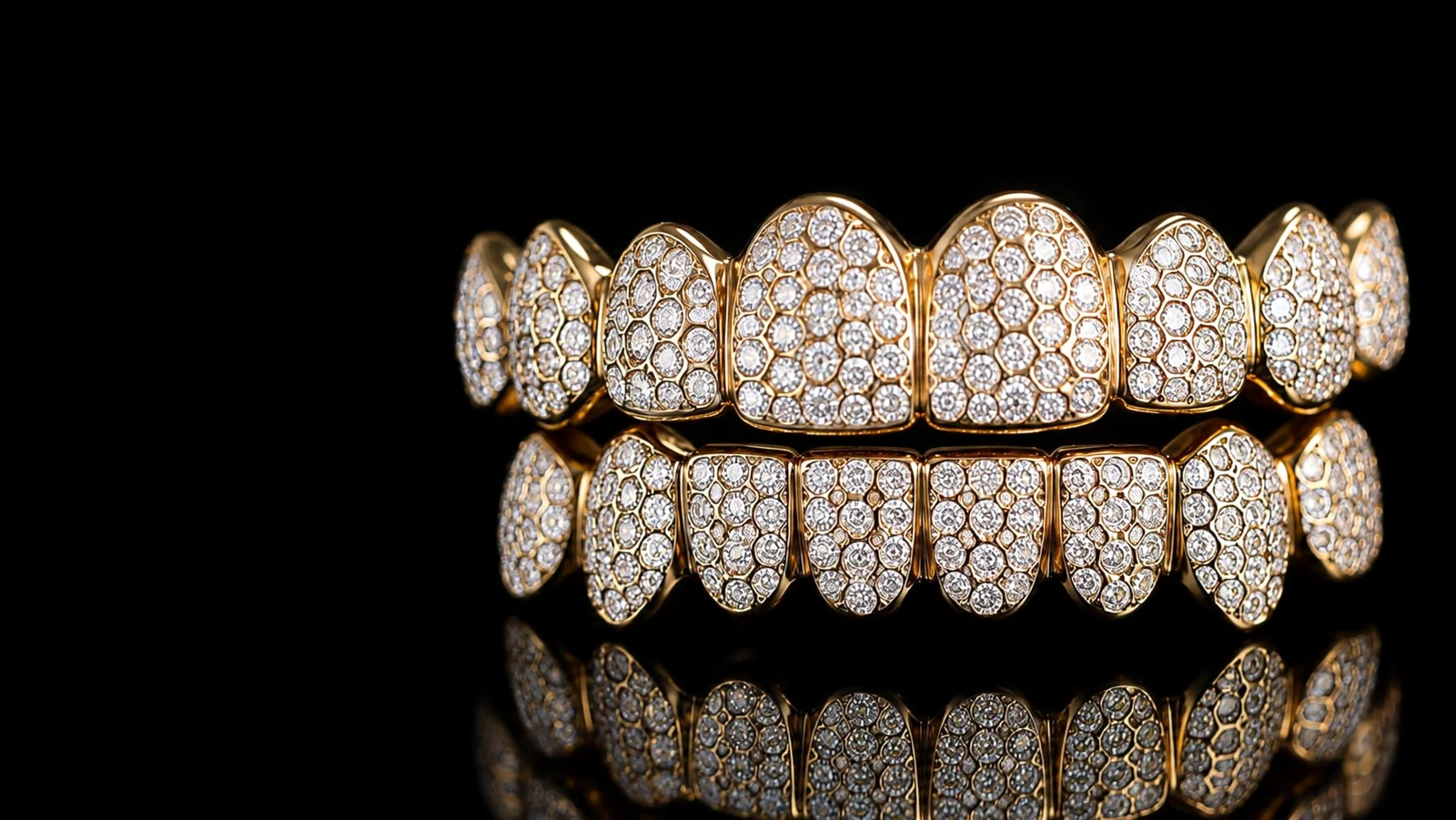 Gold honeycomb diamond grillz
