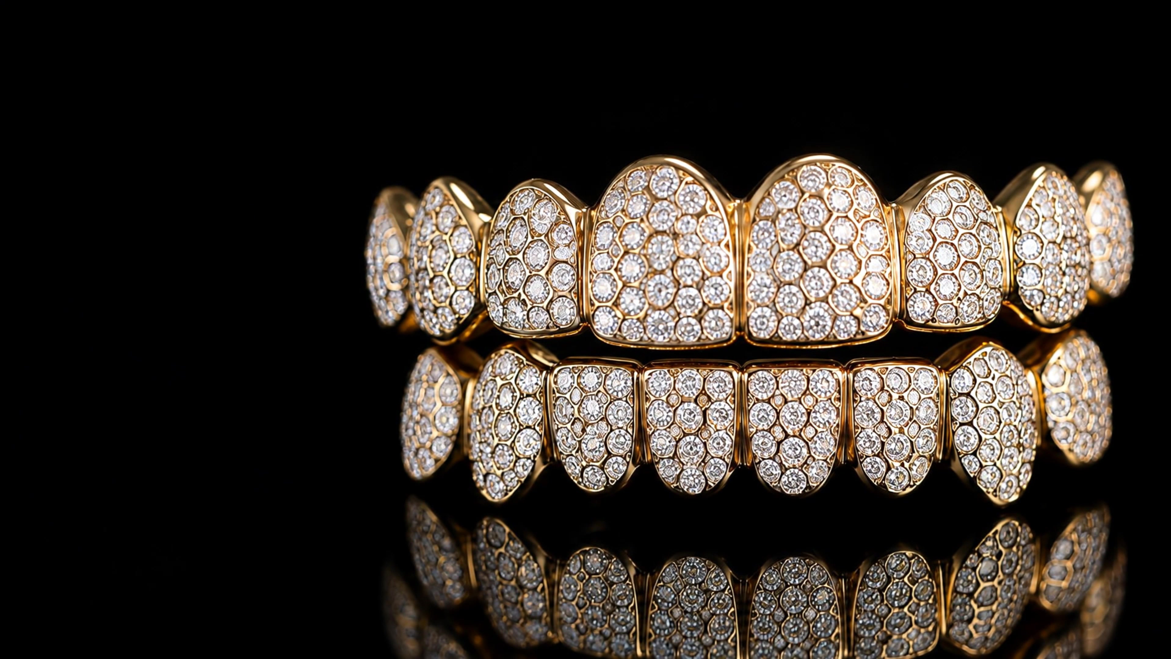 Gold honeycomb diamond grillz